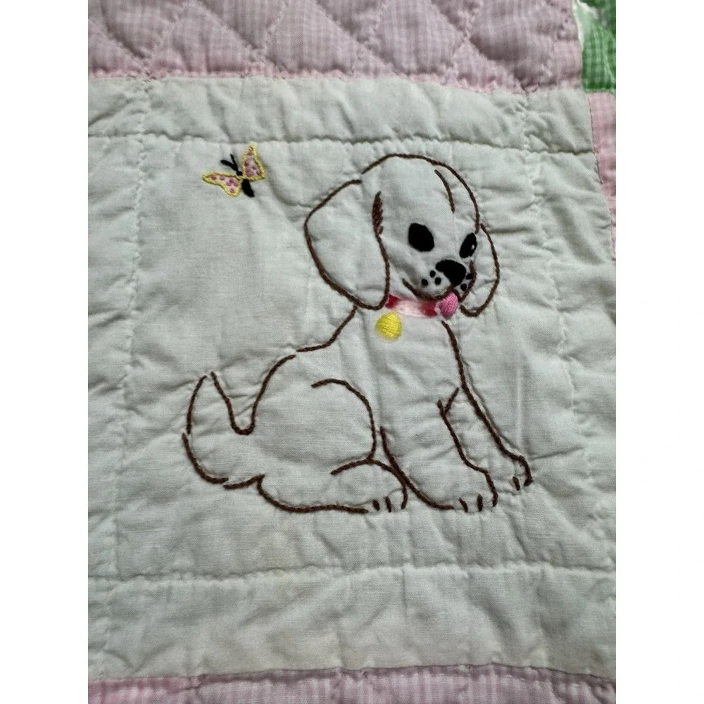 Hand Embroidered Hand Quilted 15 Squares Animals Pink Green Gingham 67‎ X 44